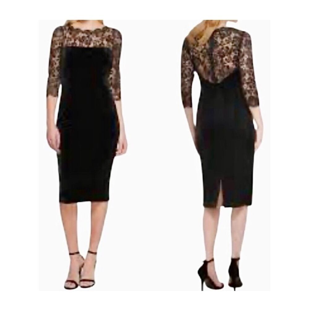 Eliza J Velvet Knee Length Sheath Dress with Lace in Black Women’s 8